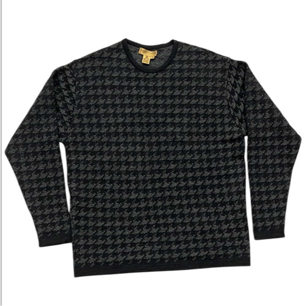 Tricots St Raphael Vintage 90s Mens L Black Gray Houndstooth Wool Knit Sweater